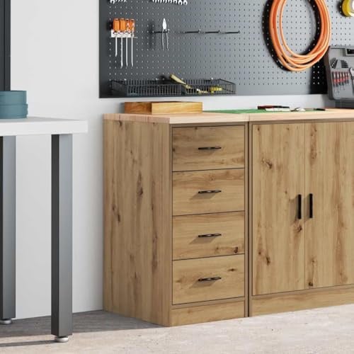 Teenpull Armoire de rangement de garage en chêne Artisan avec plan de travail en bois de pin massif 40 x 51 x 85 cm, 4 tiroirs, meuble d'atelier polyvalent pour garage, bureau, atelier, stockage