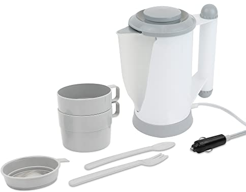 Streetwize - Car 12V Kettle - 700 ml Travel Water Heater for Caravans, Motorhomes with Cup, Strainer, Fork, Spoon, Spacer | Portable Electric Kettle | Low Wattage 100W (SWK1)