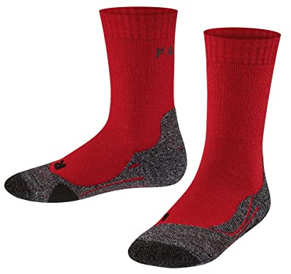 FALKE Unisex Kids TK2 Explore Hiking Socks, Mid Calf, Medium Padding Athletic Sock, Breathable Quick Dry, Merino Wool, Red (Fire 8150), 7-9.5, 1 Pair