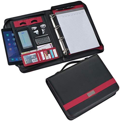 Creativgravur A4 Ringbuchmappe/ Schreibmappe mit Reißverschluss Lederfaserstoff schwarz/rot