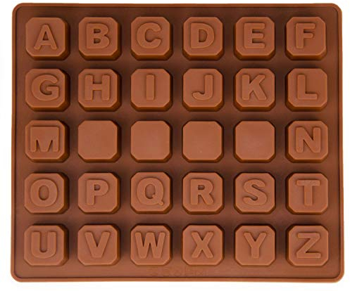 Silikonform Buchstaben, Alphabet, Eiswürfelform, Pralinenform, Schokoladenform, 17,5 x 14,5 x 1,5cm, Gießform, Eiswürfelform, Beton, Fondant, Backform, Kuchenverzierung, Farbe: Braun