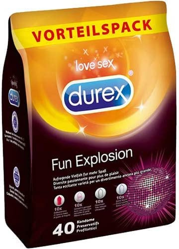 Durex Fun Explosion Mix di Preservativi Sottili, Con Rilievi e Nervature e Aromatizzati, 40 Profilattici, Esclusiva Online