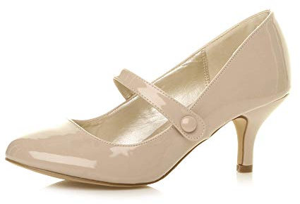 AJVANI Low mid Heel Mary Jane Strap Work Party Court Shoes Size 6 39 Nude Patent