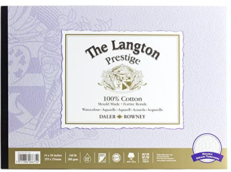 Daler-Rowney The Langton Prestige Bloc de papier aquarelle 300 g/m² 35,6 x 25,4 cm 1 face collée 12 feuilles blanches naturelles Idéal pour artistes professionnels et étudiants
