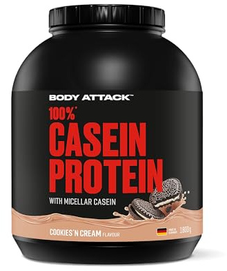 Body Attack 100% Casein Protein - Cookies n Cream, 1,8 kg Eiweißpulver - reich an essentiellen Aminosäuren - Muskelaufbau und Erhalt, Low Sugar - für Sportler, Athleten & Figurbewusste