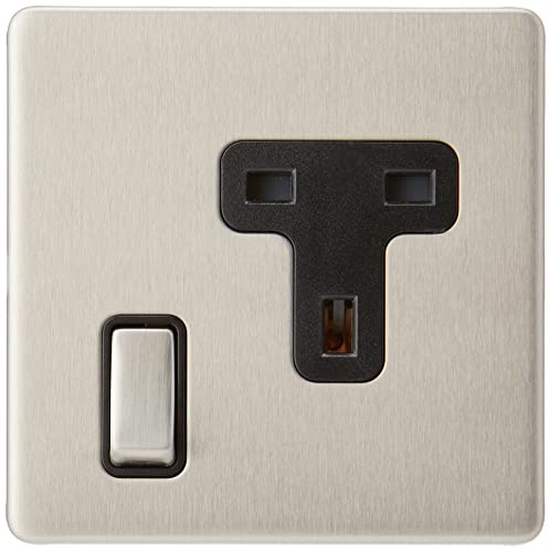 AET SL1GSOCBS 1 Gang 13 A Screwless Socket with Black Insert Metal Rocker Switch
