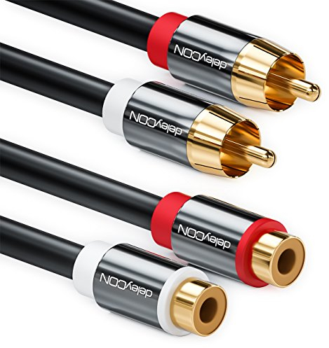 deleyCON 15m Extensión Cinch RCA Cable de Audio Estéreo 2x Macho a 2x Hembra Conectores Metálicos Chapados en Oro Negro