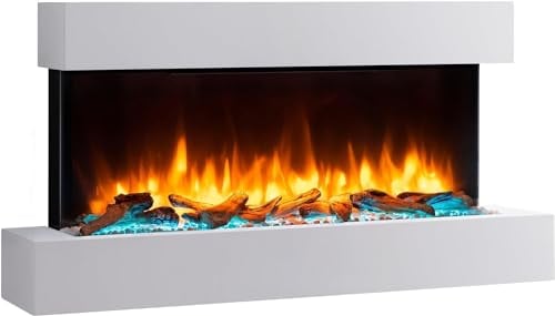 Endeavour Fires Runswick Chimenea Eléctrica de Pared 43 | Realista Efecto Llama de Fuego, Chimenea Decorativa, Tecnología LED de Bajo Consumo, Repisa y Zócalo en Blanco | 25f. x 110an. x 59al. cm
