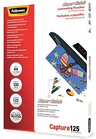 Fellowes Laminierfolie A4 SuperQuick, 125 Mikron (2 x 125mic), 100 Stück, Längsseite versiegelt, für A3 Laminiergeräte