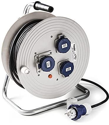 FAMATEL – Industrielle Kabeltrommel 3 Steckdosen IP67 | 25 Meter | TT | 16A | 250V | Stecker TT-16A-250V | Kabel Neopren | 3 x 1,5 | Ladeschalter