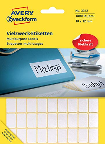 Avery Zweckform 3312 Haushaltsetiketten selbstklebend (18x12mm, 1.800 Aufkleber auf 25 Bogen, Vielzweck-Etiketten für Haushalt, Schule und Büro zum Beschriften und Kennzeichnen) blanko, weiß