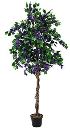 kunstpflanzen-discount.com Großer Bougainvillea Kunstbaum 180cm hoch in naturgetreuen Grüntönen mit Echtholzstamm und Lavendel-farbigen Blüten im Topf