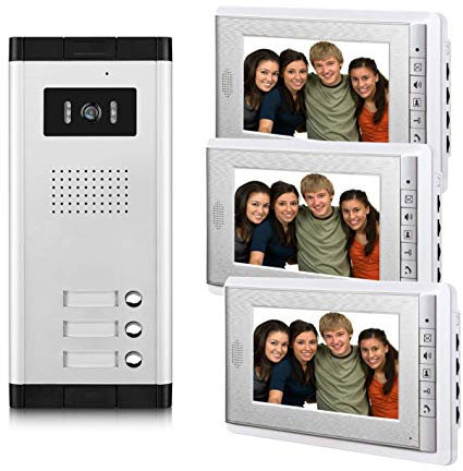 AMOCAM Sistema di videocitofono per appartamenti da 3 unità, monitor da 7 pollici, kit per videocitofono cablato per interni ed esterni, telecamera IR per interni ed esterni, monitoraggio, sblocco,
