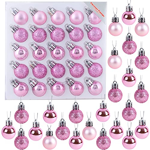 Paquet de 25, 25mm, 2.5cm Mini Boules de Noël Brillantes, Mat et Paillettes (Rose Bébé)