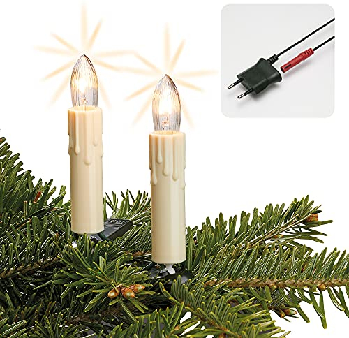 hellum Lichterkette Weihnachtsbaum Wachstropfen Made in Germany, 9,8m beleuchtet mit 15 Riffelkerzen elfenbein, Lichterkette innen grünes Kabel, Clips, teilbarer Stecker, klar Glühfaden <59lm 811575