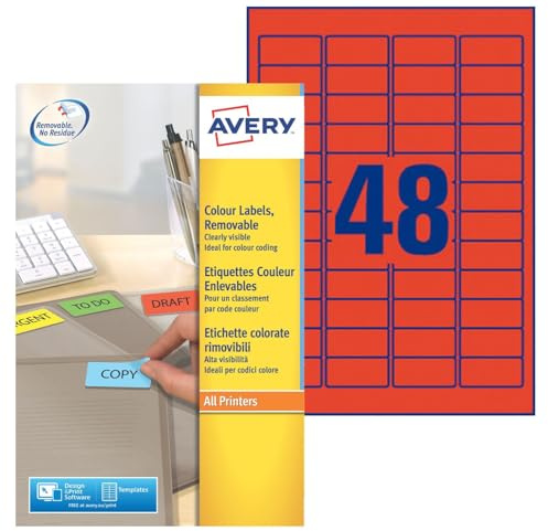 Avery Coloured Mini Labels, Red - printer labels (Red, Self-adhesive printer label, A4, Red, Paper, Laser/Inkjet, Removable)