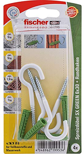 Fischer Spreizdübel SX Green 6x30 RH K, Inhalt: 4 x Dübel, 4 x Rundhaken 4 x 65 weiß, nylonbeschichtet, 524829