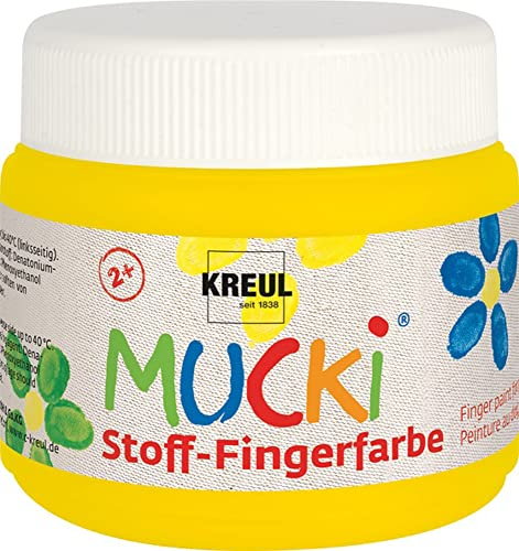 KREUL 28102 - Mucki leuchtkräftige Stoff - Fingerfarbe, 150 ml in gelb, auf Wasserbasis, parabenfrei, glutenfrei, laktosefrei und vegan, optimal für die Anwendung mit Fingern und Händen