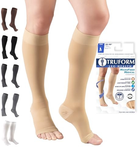 Truform 20-30 mmHg Compression Stockings for Men and Women, Knee High Length, Open Toe, Beige, Medium (1 Pair)