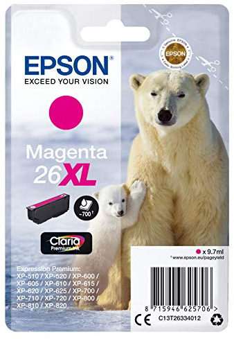 Epson Original 26XL Tinte Eisbär (XP-600, XP-700, XP-800, XP-510, XP-710, XP-615, XP-610, XP-810, XP-720, XP-820, XP-520, XP-620, XP-625), magenta