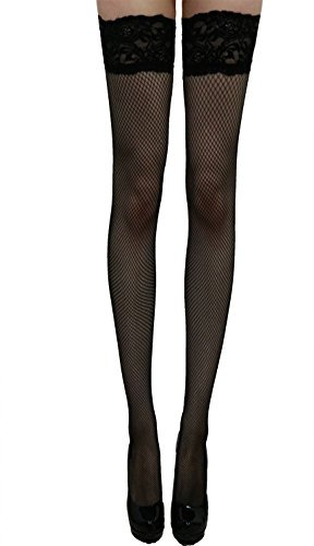 Yummy Bee - Silky Medias Rejilla Negras - Medias Autoadhesivas Mujer - Medias con Costura y Encaje Borde con Silicona