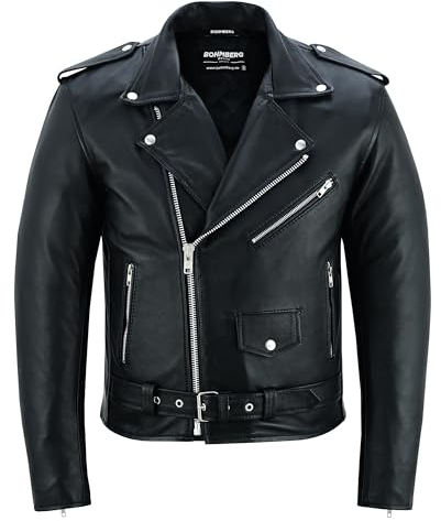 Bohmberg Giacca in pelle da uomo Giacca da motociclista Highway Marlon Brando Giacca da moto - Giacca da turismo in vera pelle pieno fiore Nero - XXL