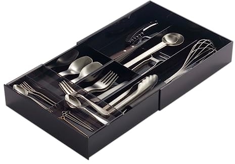 Yamazaki 3383 Tower Extendable Cutlery Tray, Black, ABS Resin/PS Resin, 25 x 24.6 x 5.7 cm