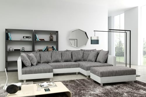 Kuechen-preisbombe Wohnlandschaft Sofa Couch Ecksofa Eckcouch + Hocker weiß/hellgrau Minsk XXL