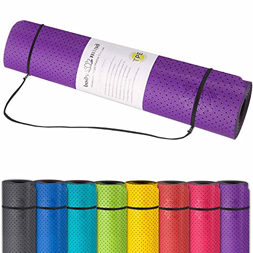 Yogamatte Gymnastikmatte Fitnessmatte; rutschfeste & schadstofffreie Pilatesmatte für Zuhause, Physio & Studio Bereich 183 x 61 x 0,5 cm aus TPE Schaumstoff + Trageschlaufe (Lila)