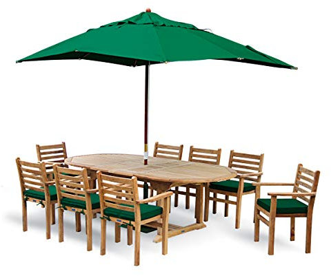 Jati Teak Garden Furniture Dining Set with Oval Extending Table, 8 Stacking Chairs with Cushions, parasol and base Brand, Quality & Value
