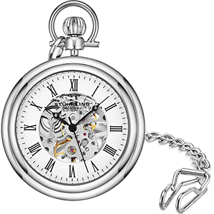 Stuhrling Original Herren Taschenuhr – Mechanisches Handaufzugswerk, Edelstahlgehäuse, Doppelseitiges Skelett-Zifferblatt, Römische Ziffern, 30,5 cm Kette mit Gürtelclip