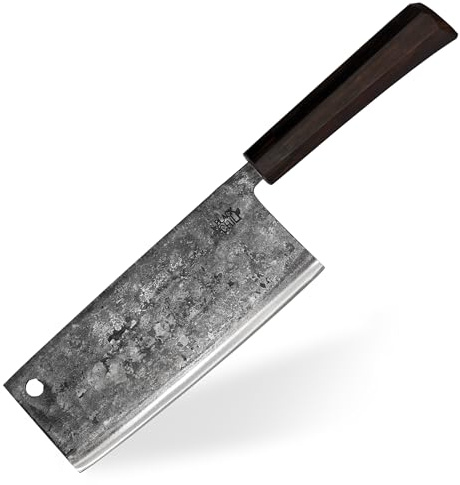 Black Chili Hackmesser (Chinesisches Kochmesser) für Fleisch und Gemüse | Griff: Ebenholz | 18 cm Carbonstahl Klinge | Extrem Hart und langlebig | Hackbeil Küchenbeil mit Holzgriff | PETER-PEPPER-18