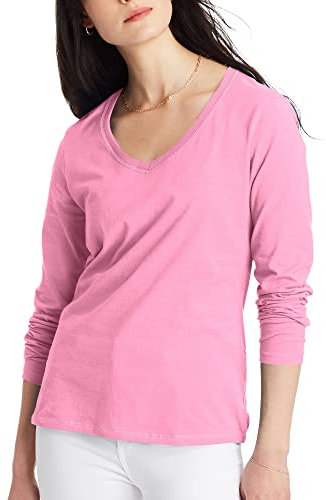 Hanes Women's Originals Long Sleeve Cotton T-Shirt, Lightweight V-Neck Tee, Modern Fit, Pink Swish, L