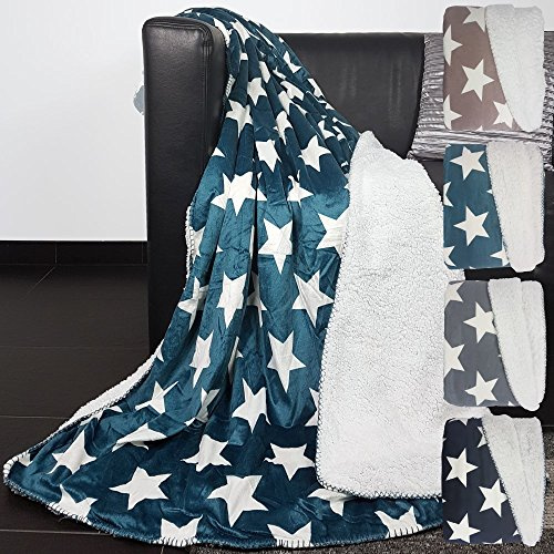 DILUMA Wendedecke mit Sternen superweiche Kuscheldecke Wohndecke mit glänzender Vorderseite und wärmenden Rückseite Tagesdecke Größe und Farbe wählbar, Größe:130 x 160 cm, Farbe:Petrol