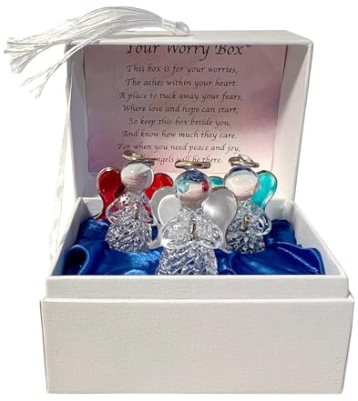 Angels Worry Box | Mindfulness Box | Spiritual Uplifting Verse |Mental Health |Angel Worry Box for Your Loved Ones | Includes 3 Glass Worry Angels with Gilded Wings