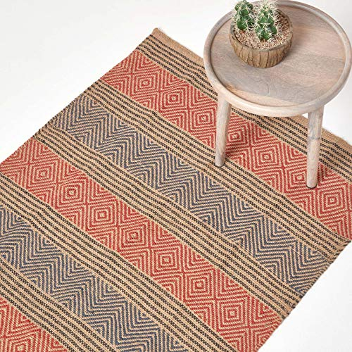 Homescapes Naturfaser-Teppich, 120 x 180 cm, 100% Jute-Teppich mit Streifen und geometrischem Rautenmuster, blau-rot-Natur