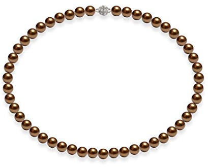 Schmuckwilli Perlenkette für Damen Magnetverschluß - 45cm Länge mit 8mm großen braunen runden Mallorca Perlen - Muschelkernperlen Kette für jeden Anlass - die Halskette Pearl Necklace für Frauen