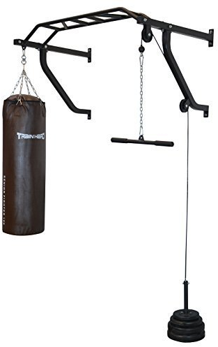 TrainHard® Multigriff Klimmzugstange Wandmontage mit Latzug & Boxsackhalterung, geprüfte und zertifizierte Qualität/optional: 80cm bis 130cm Boxsack (Ohne Hantelscheiben!) (mit 100cm Boxsack)