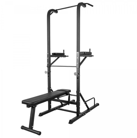 GORILLA SPORTS® Power Tower - mit Klappbar Hantelbank, Dip Station, Klimmzugstange, Liegestützgriff, Ablage, bis 150kg, Schwarz - Kraftturm, Multifunktionale Kraftstation, Multistation, Trainingsgerät