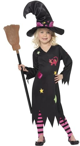 Smiffys Cinder Witch Costume, Black with Dress, Hat & Tights, Halloween Child Fancy Dress, Witch Dress Up Costumes