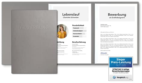 15 Stück 3-teilige Bewerbungsmappen Grau mit 2 Klemmschienen in feinster Lederstruktur - hochwertige Prägung ''BEWERBUNG'' - inkl. 15 Versandumschläge in Weiß - direkt vom Hersteller STRATAG