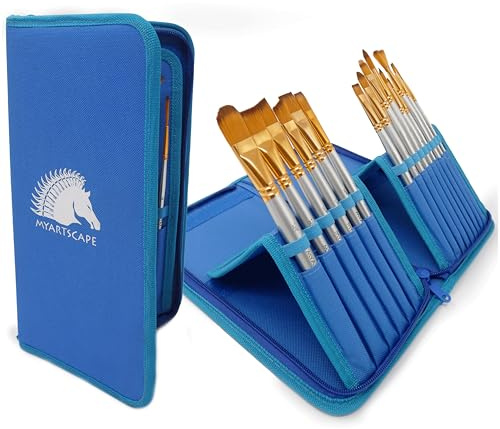 MyArtscape Paint Brushes - 15 Pc Art Brush Set for Watercolor, Acrylic, Oil & Face Painting | Short Handle Artist Paintbrushes with Travel Holder | 1 Year Warranty (Cool Blue)