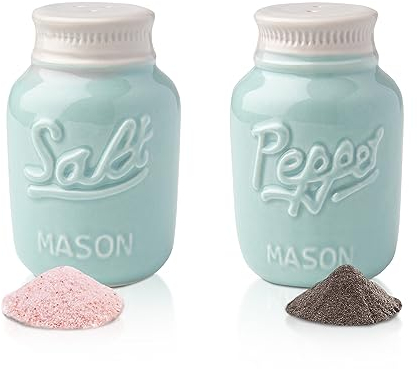 Vintage Mason Jar Salt & Pepper Shakers by Comfify - Adorable Decorative Mason Jar Decor for Vintage, Rustic, Shabby Chic - Sturdy Ceramic in Aqua Blue - 100 ml Cap.