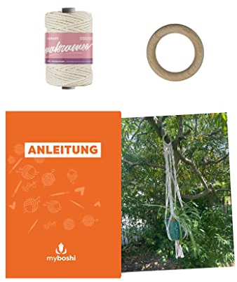 myboshi Makramee-Set Blumenampel Amina für Anfänger, inkl. Makramee-Kordel und Anleitung, 4mm geflochten, Made in Germany Garn, 100% Baumwolle Beige (Natur) mit Anleitung