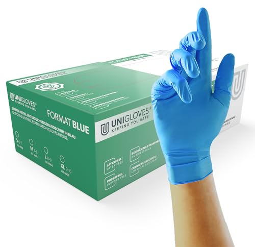 UNIGLOVES - Passgenaue FORMAT® Blau Einweghandschuhe aus Nitril | Lebensmittelecht, puderfrei & latexfrei | hohe Festigkeit & Haltbarkeit | 100 Stück | Einmalhandschuh M
