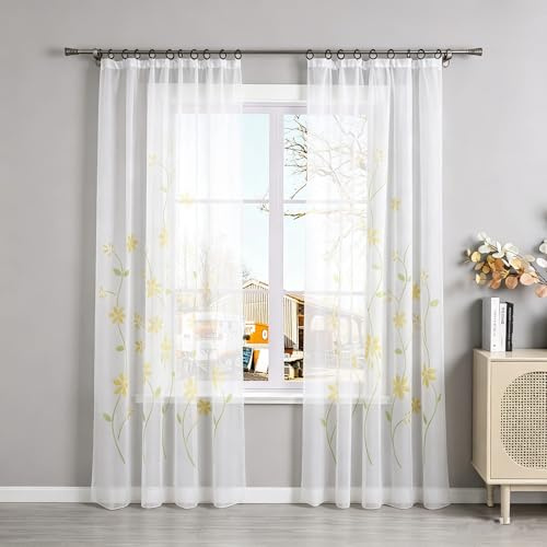 Yujiao Mao Voile Gardine mit Blumendruck Flowers farbenfrohe Vorhänge Schal mit Kräuselband 1er Pack Gelb BxH 150x245cm