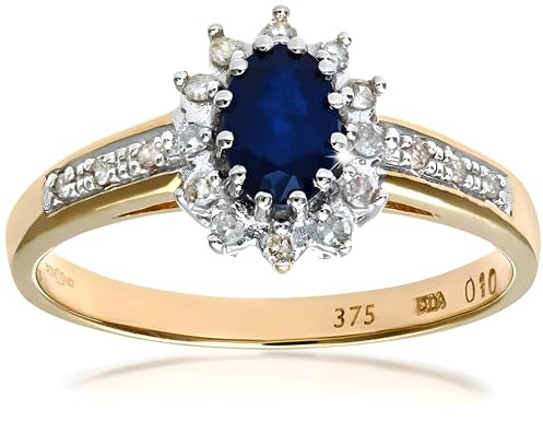 Naava 9ct Yellow Gold 0.62ct Oval Sapphire and 0.10ct Diamond Cluster Ring – Blue Stone Engagement Band for Women, Italian Crafted