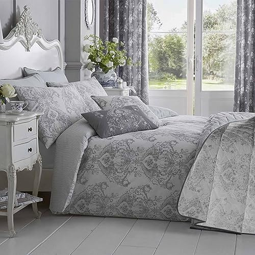HOMESCAPES Luxury Toile Duvet Cover Set Grey & White French Damask Style Bedspread Cotton Rich 200 Thread Count Duvet Cover with Matching Pillowcases Reversible Stripe Pattern, Single