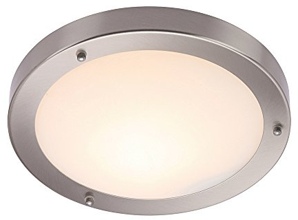Saxby Portico 60W Modern 300mm Flush Brushed Chrome and Frosted Glass IP44 Bathroom Ceiling Light