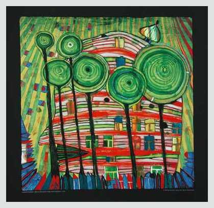Hundertwasser Blobs grow in beloved gardens Poster Kunstdruck Bild im Alu Rahmen in silber matt 48x48cm